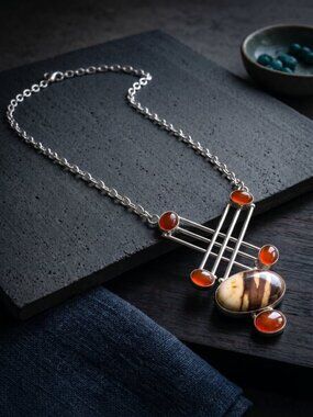 925 Sterling Silver Genuine Carnelian Jasper Modernist Statement Necklace 18"
